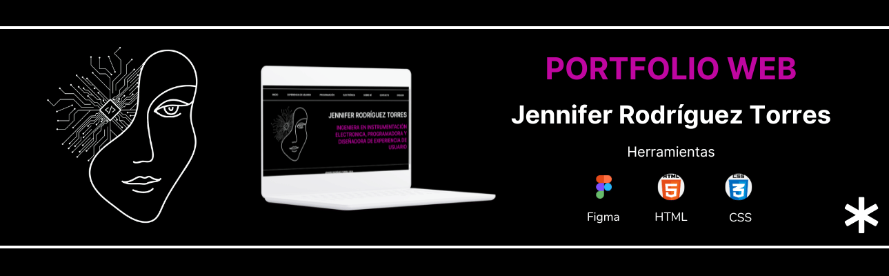 Imagen del portoflio web de Jennifer Rodriguez Torres, incluye su logo y una computadora blanca con una imagen del portfolio web y esta hecho con herramientsd figma, HTML, CSS y JS.